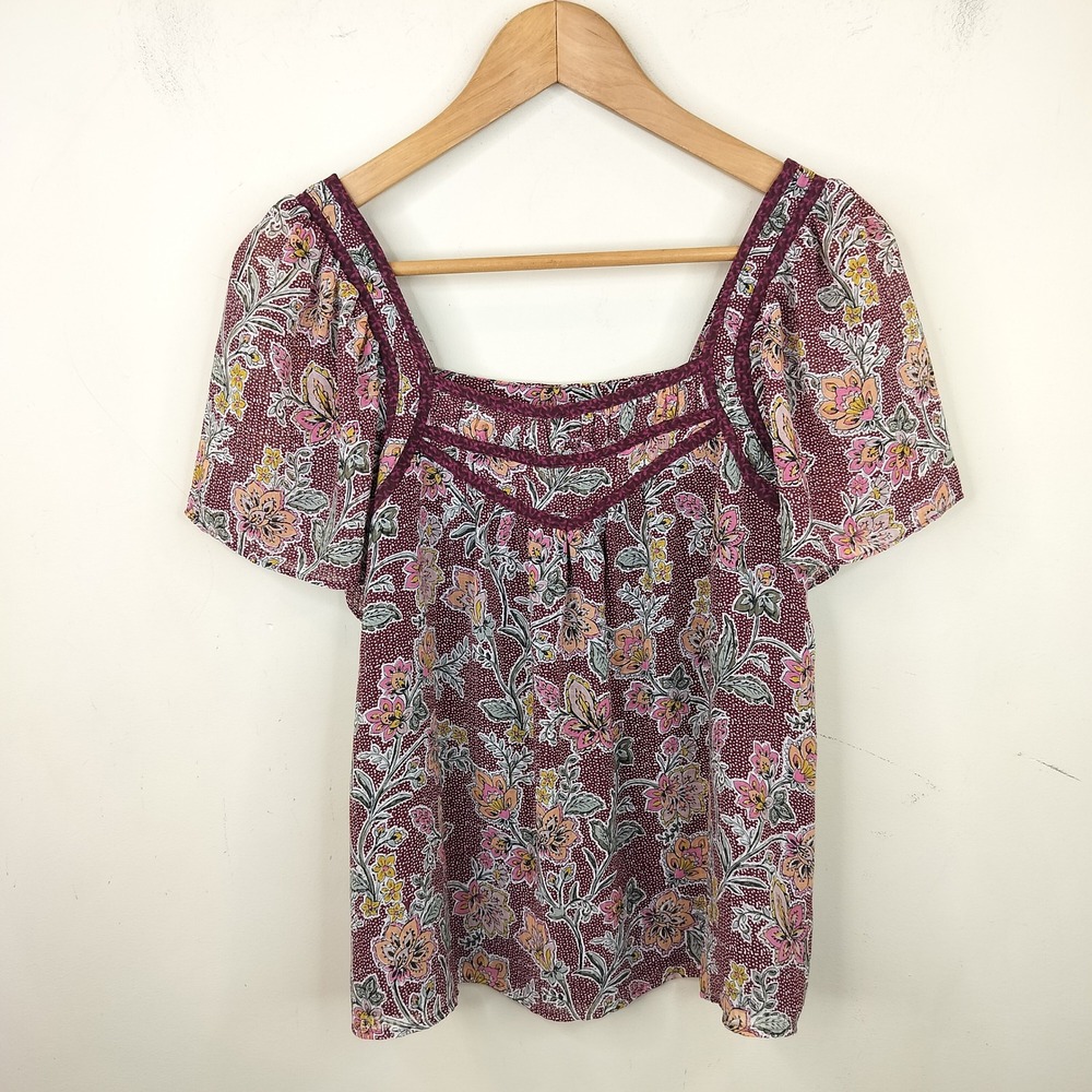 LOFT Floral Chiffon Blouse XS Square Neck Flutter Sleeve Cottagecore Burgundy